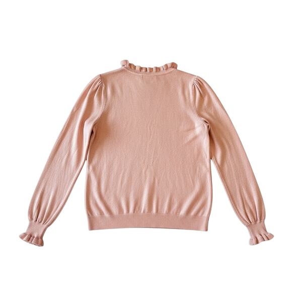 Boden Pink Ruffle Trim Tie-Neck Sweater Women’s Medium Soft Knit Pullover | Fall - Picture 3 of 8
